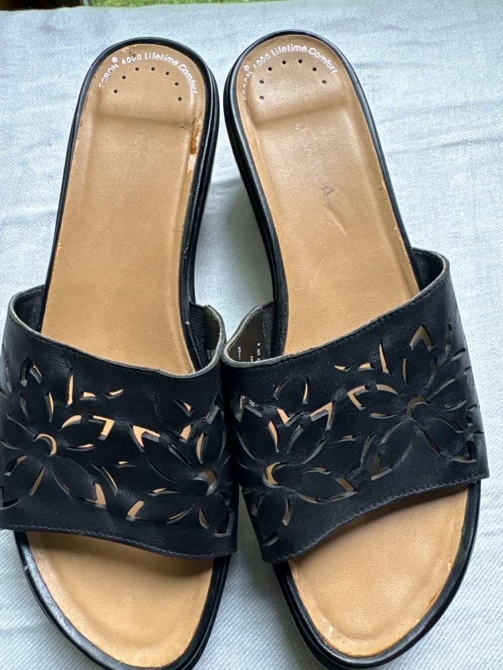 Poron 4000 Black Leather Floral Cutout Boho Cottagecore Comfort Wedge - Size 8